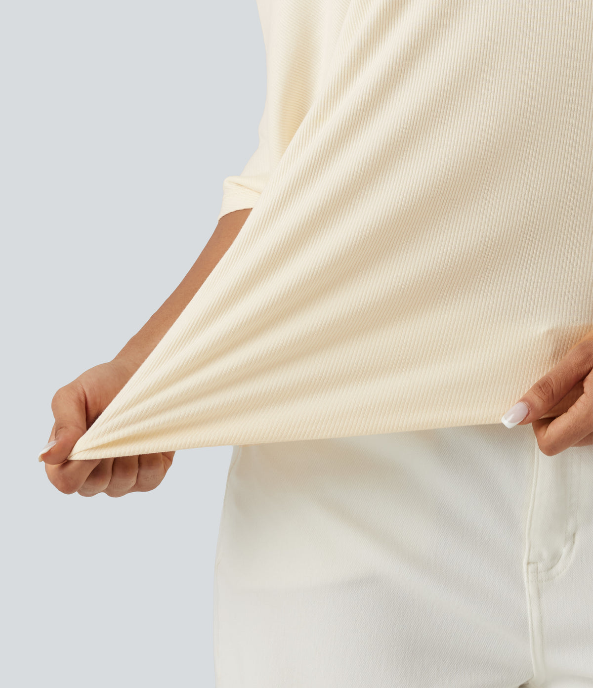 Ribbed Knit Off Shoulder Batwing Sleeve Casual Top — Eggnog — view 5