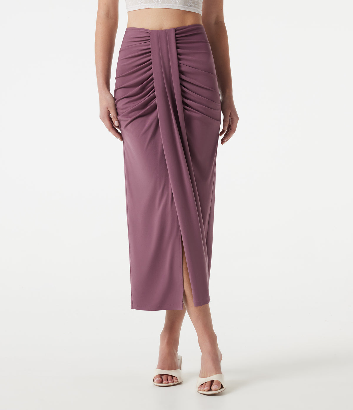 High Waisted Ruched Bodycon Midi Casual Skirt — Tulipwood — view 3