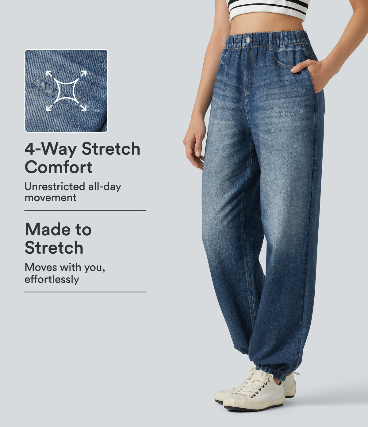 High Waisted Denim Print French Terry Casual Joggers with Pockets — Washed Indigo Blue — view 1