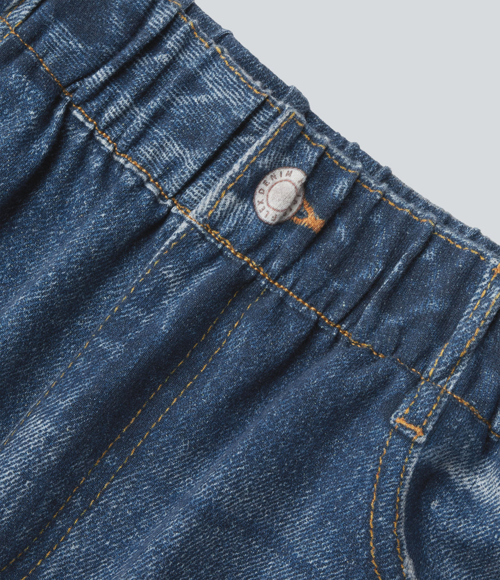High Waisted Denim Print French Terry Casual Joggers with Pockets — Washed Indigo Blue — view 8