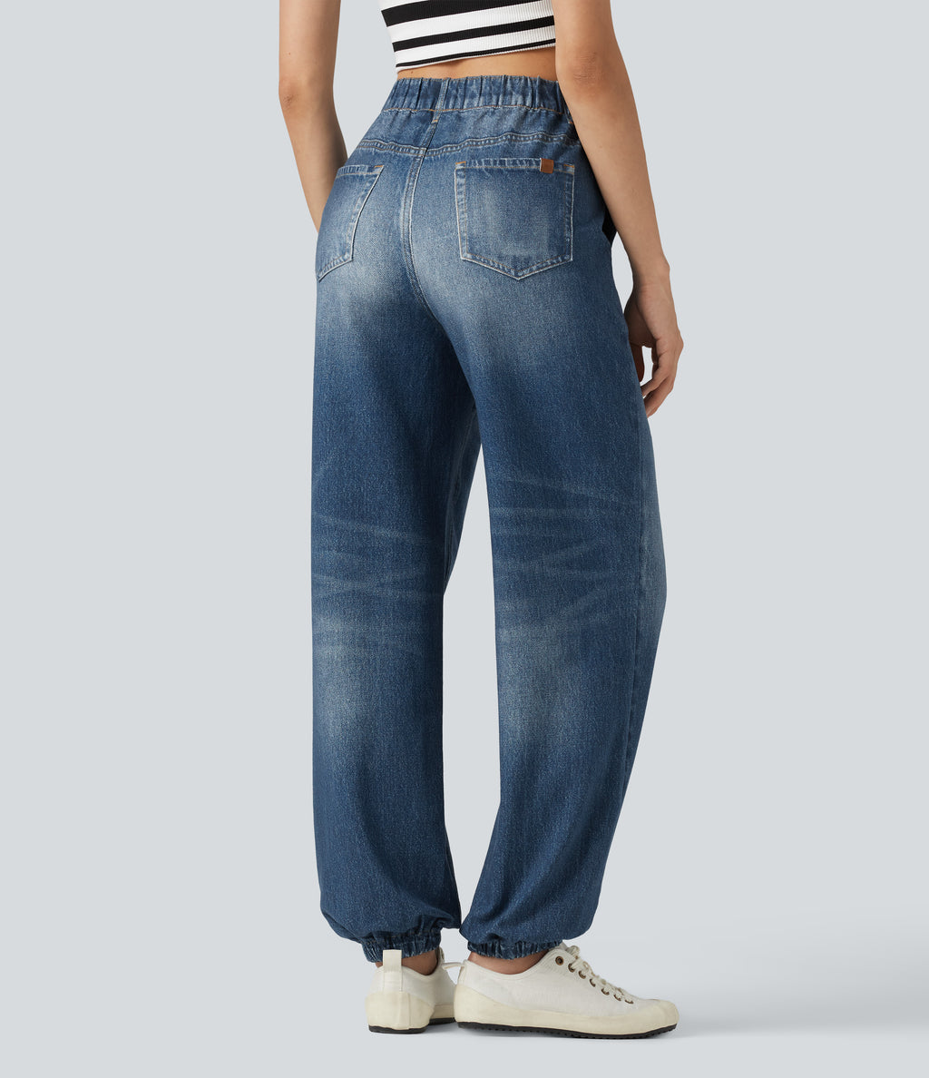 High Waisted Denim Print French Terry Casual Joggers with Pockets — Washed Indigo Blue — view 2
