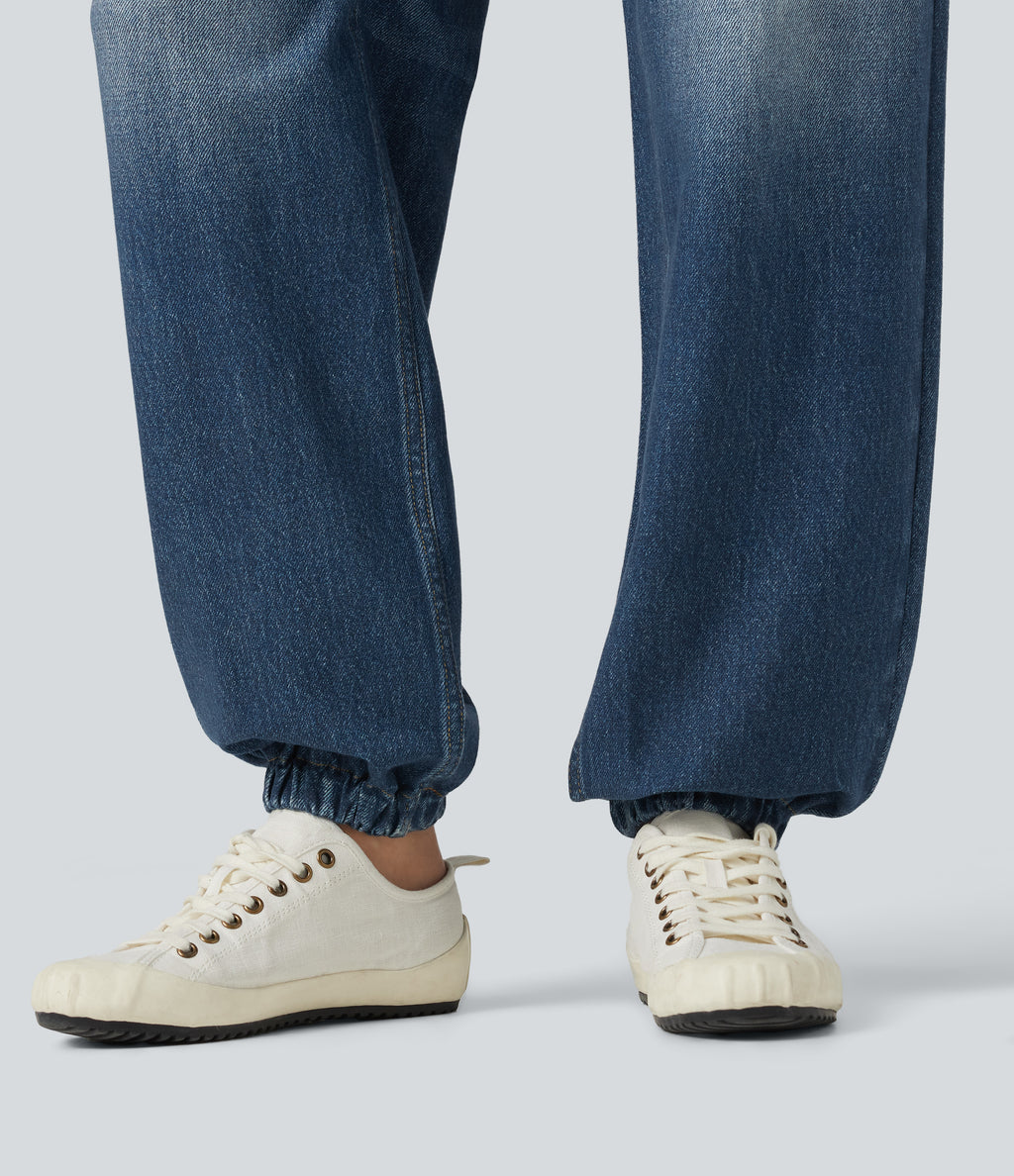 High Waisted Denim Print French Terry Casual Joggers with Pockets — Washed Indigo Blue — view 7