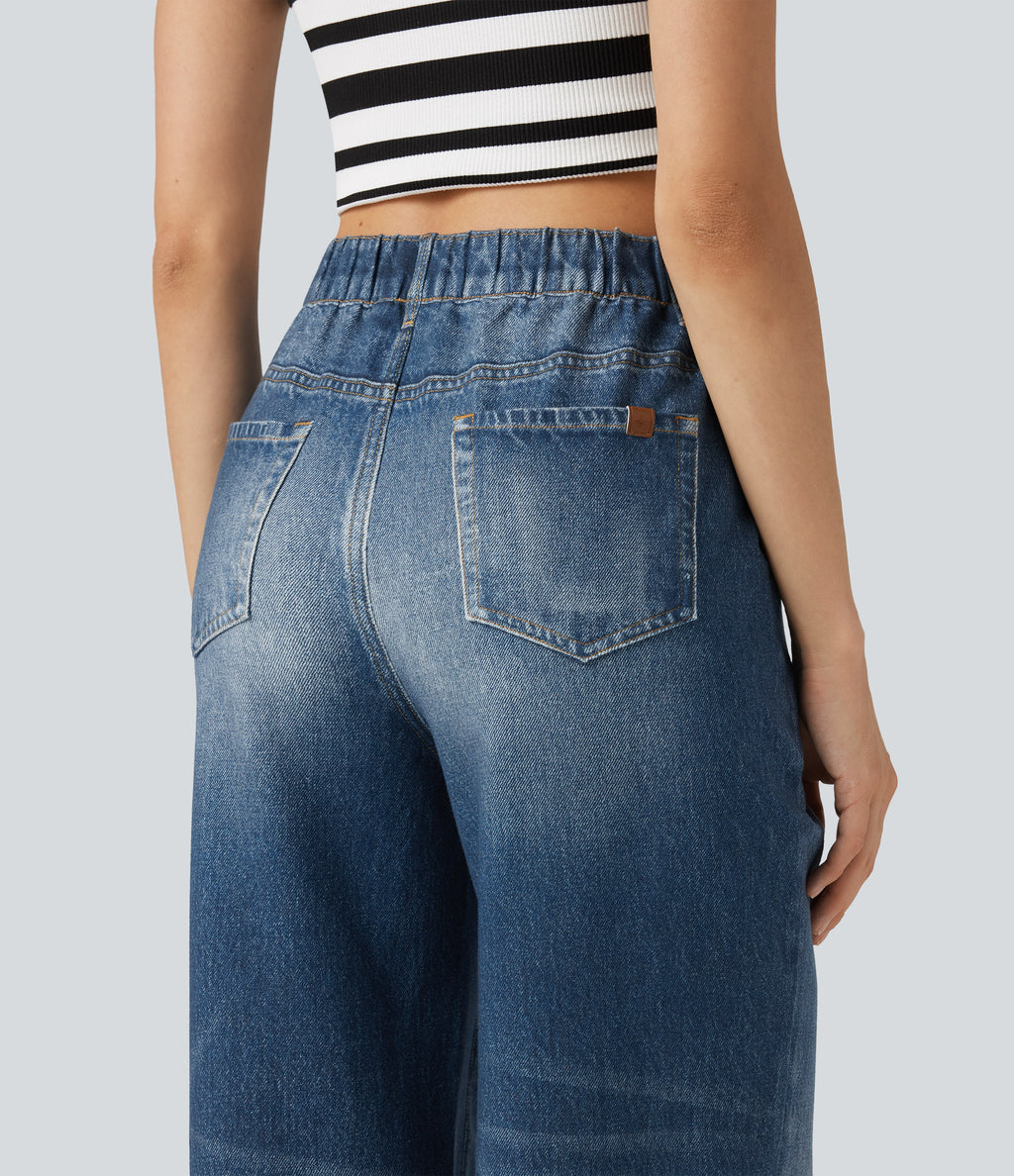 High Waisted Denim Print French Terry Casual Joggers with Pockets — Washed Indigo Blue — view 5