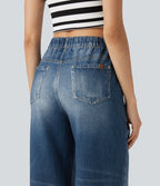 High Waisted Denim Print French Terry Casual Joggers with Pockets — Washed Indigo Blue — view 5
