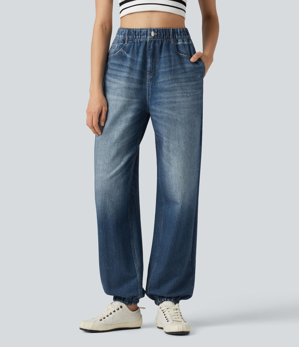 High Waisted Denim Print French Terry Casual Joggers with Pockets — Washed Indigo Blue — view 3