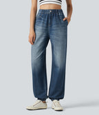 High Waisted Denim Print French Terry Casual Joggers with Pockets — Washed Indigo Blue — view 3