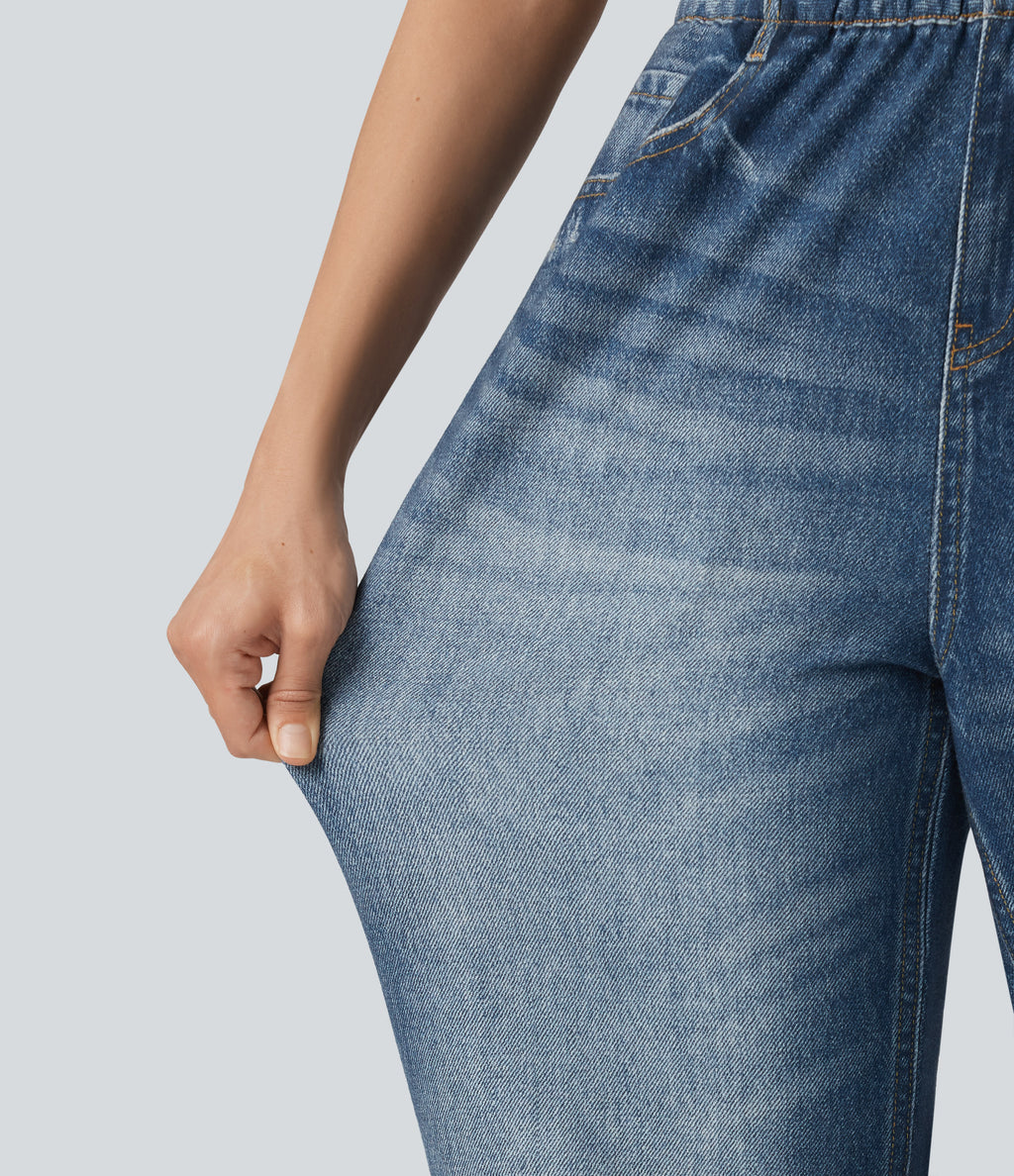 High Waisted Denim Print French Terry Casual Joggers with Pockets — Washed Indigo Blue — view 6