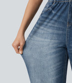 High Waisted Denim Print French Terry Casual Joggers with Pockets — Washed Indigo Blue — view 6