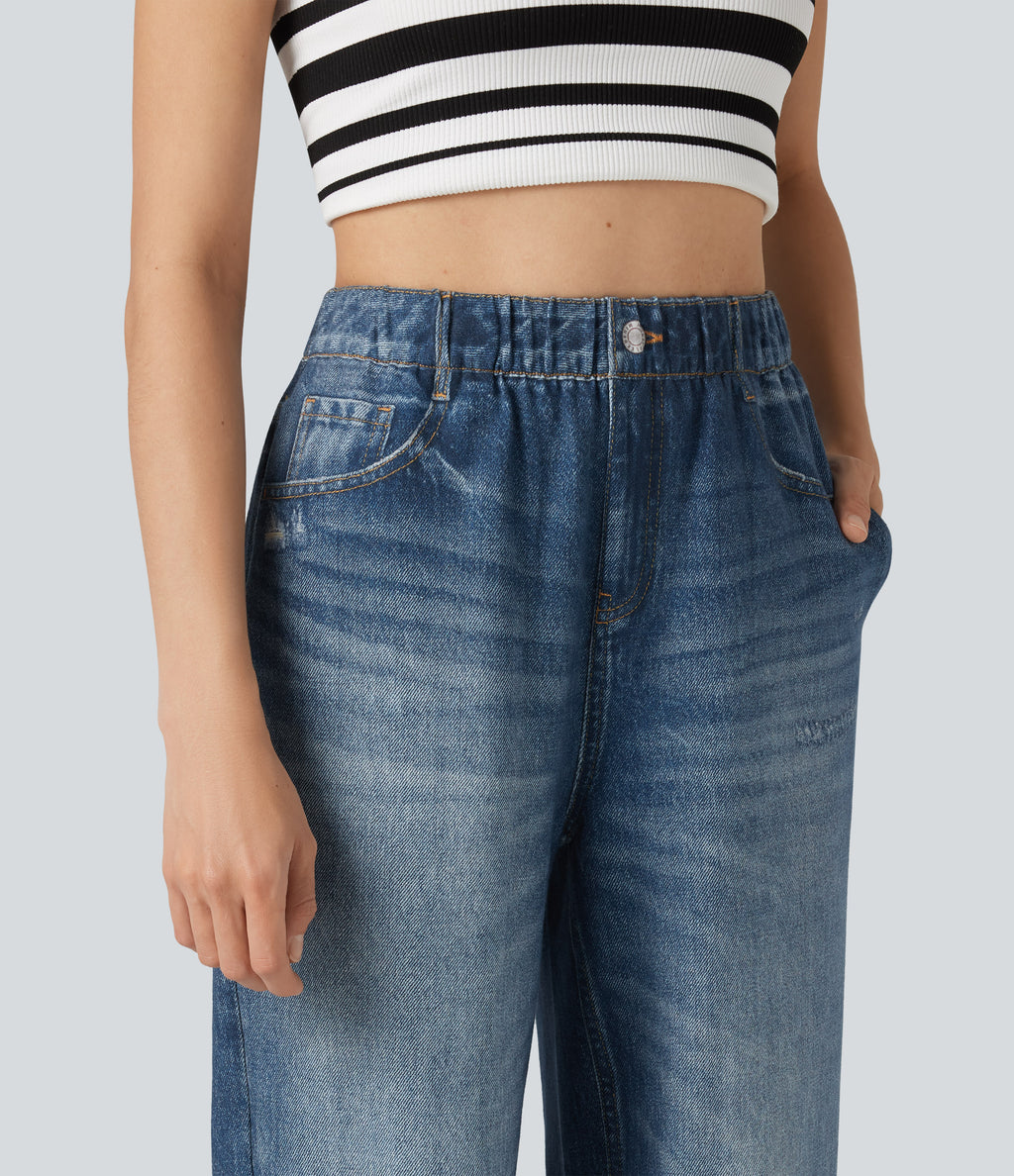 High Waisted Denim Print French Terry Casual Joggers with Pockets — Washed Indigo Blue — view 4