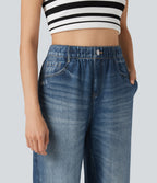 High Waisted Denim Print French Terry Casual Joggers with Pockets — Washed Indigo Blue — view 4