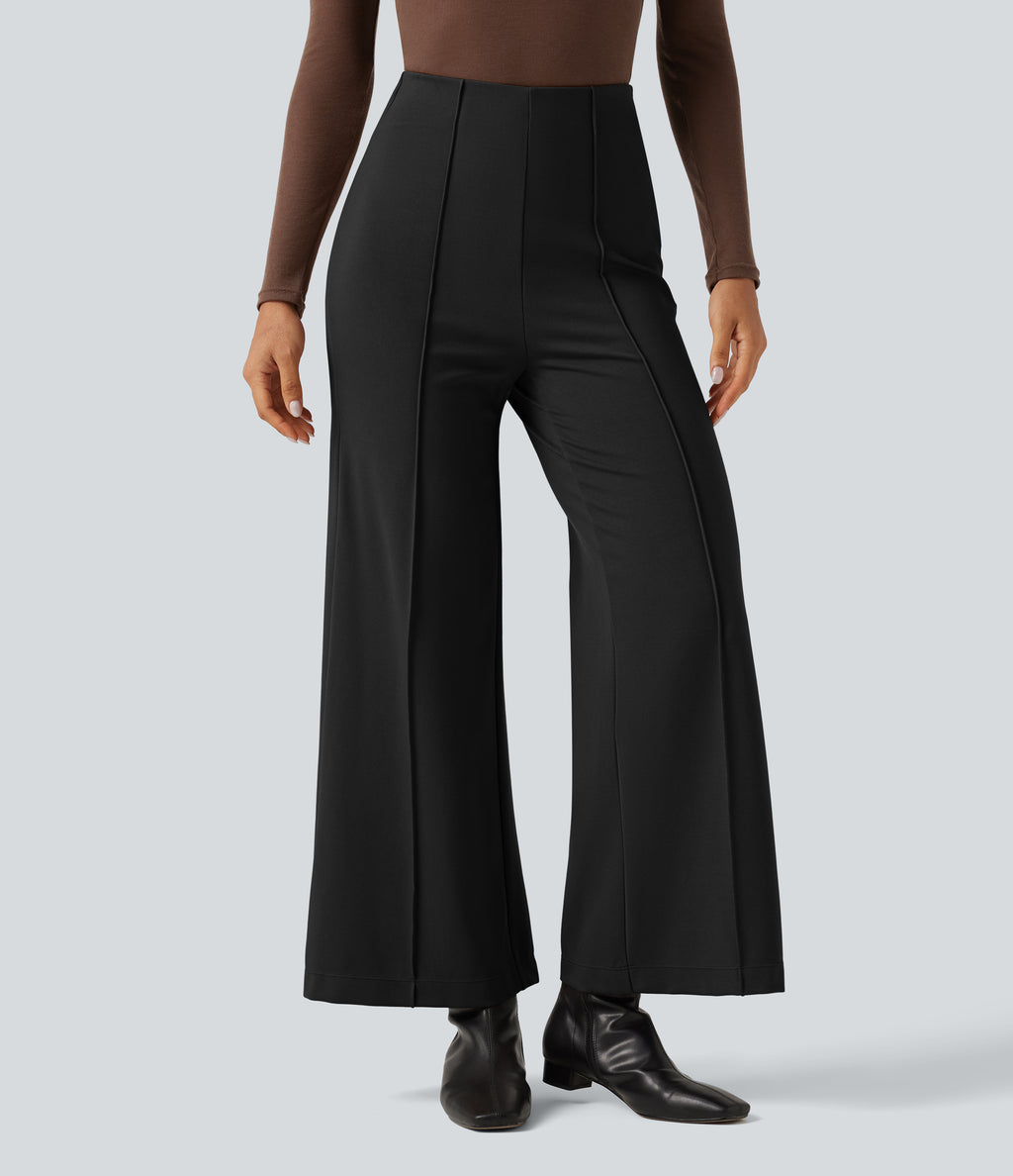 High Waisted Pintuck Wide Leg Work Trousers — Black — view 1
