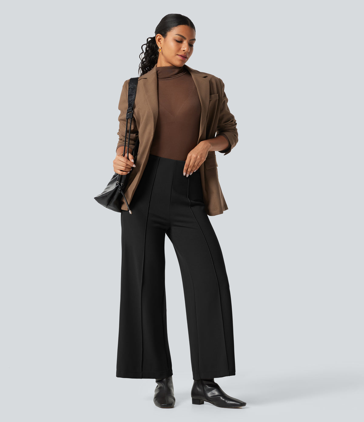 High Waisted Pintuck Wide Leg Work Trousers — Black — view 7