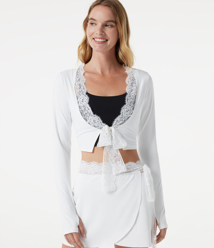 Plush Long Sleeve Thumb Hole Tie Front Contrast Lace Cropped Yoga Sports Top — White — view 1