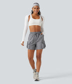 High Waisted Drawstring Workout Cargo Shorts with Pockets — Chiseled Stone — view 6
