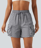 High Waisted Drawstring Workout Cargo Shorts with Pockets — Chiseled Stone — view 3