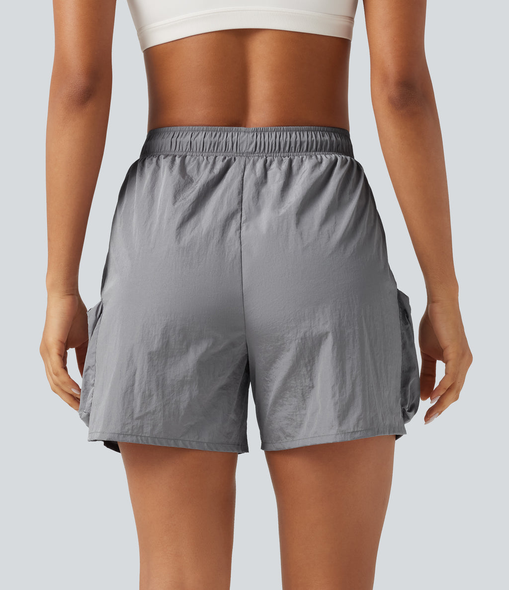 High Waisted Drawstring Workout Cargo Shorts with Pockets — Chiseled Stone — view 2