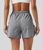 High Waisted Drawstring Workout Cargo Shorts with Pockets — Chiseled Stone — view 2