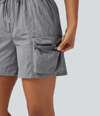 High Waisted Drawstring Workout Cargo Shorts with Pockets — Chiseled Stone — view 4