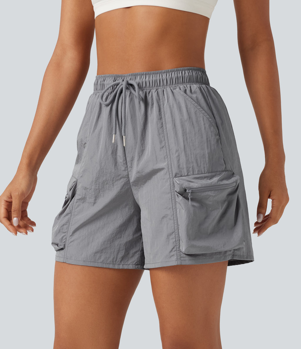 High Waisted Drawstring Workout Cargo Shorts with Pockets — Chiseled Stone — view 1
