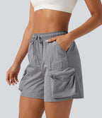 High Waisted Drawstring Workout Cargo Shorts with Pockets — Chiseled Stone — view 5