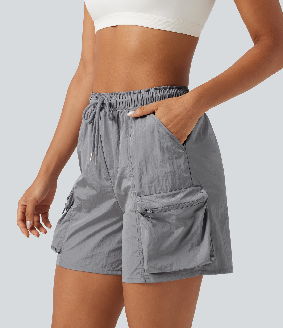 High Waisted Drawstring Workout Cargo Shorts with Pockets — Chiseled Stone — view 5