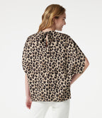 Mock Neck Tie Back Batwing Short Sleeve Ruched Leopard Print Work Blouse — Gold Leopard Print — view 2