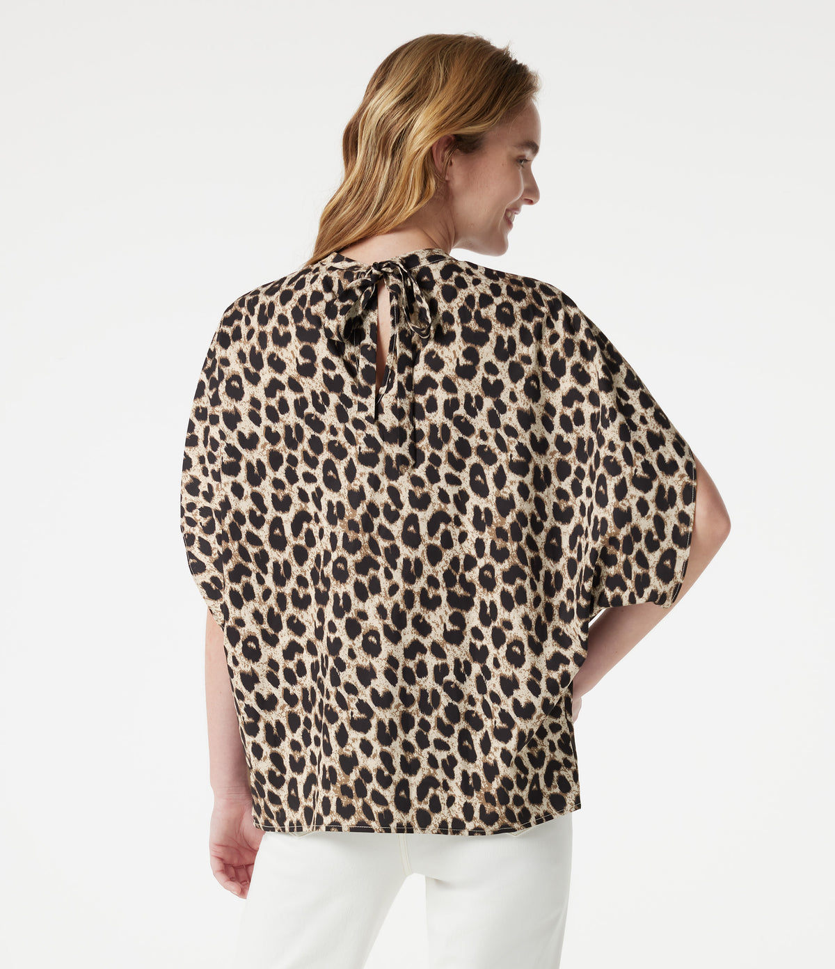 Mock Neck Tie Back Batwing Short Sleeve Ruched Leopard Print Work Blouse — Gold Leopard Print — view 2