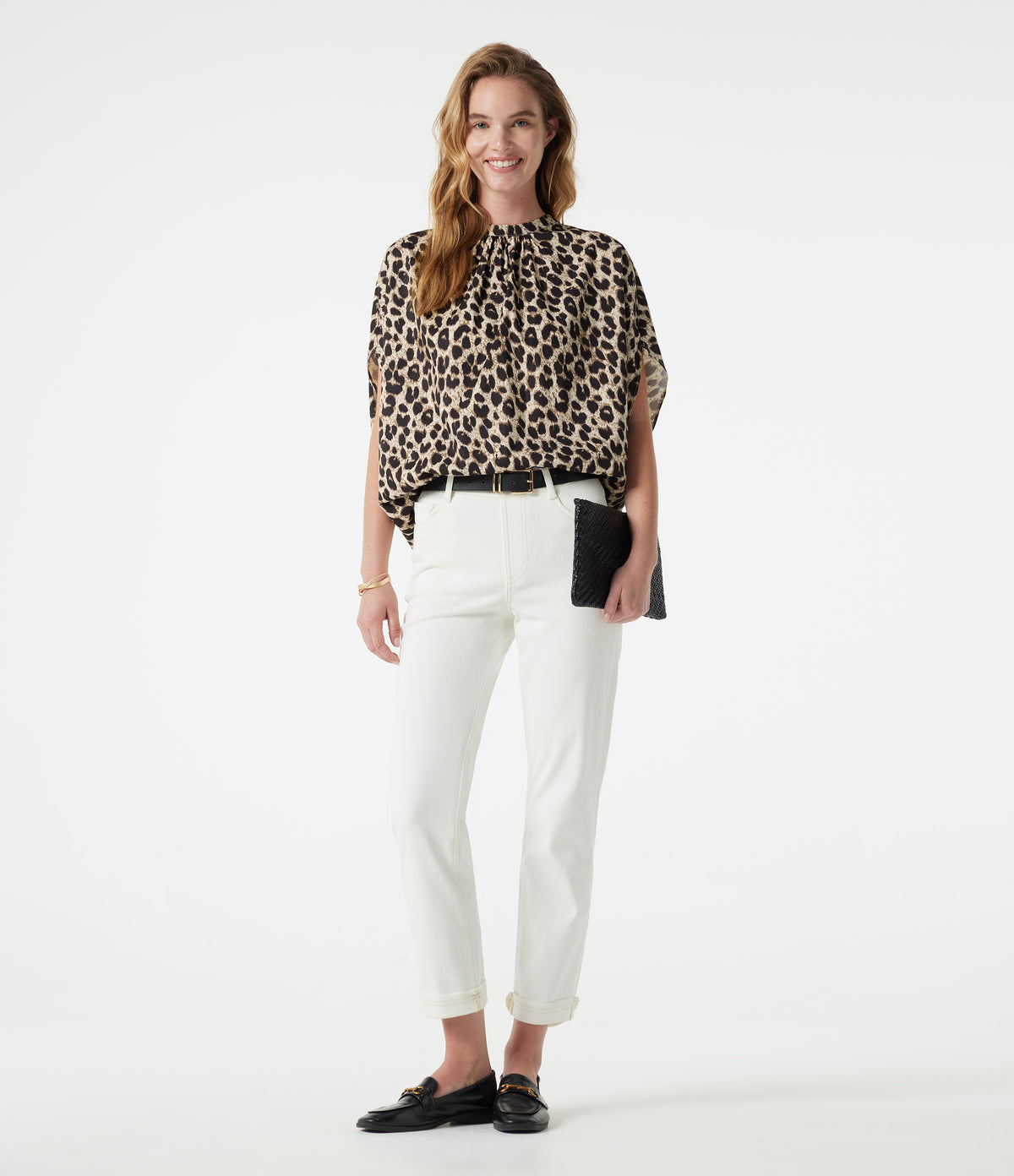 Mock Neck Tie Back Batwing Short Sleeve Ruched Leopard Print Work Blouse — Gold Leopard Print — view 7