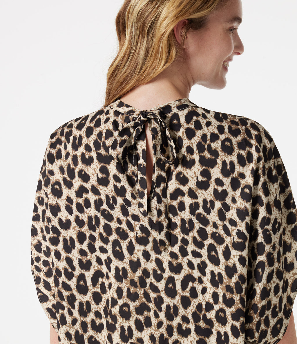 Mock Neck Tie Back Batwing Short Sleeve Ruched Leopard Print Work Blouse — Gold Leopard Print — view 5