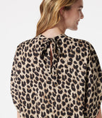 Mock Neck Tie Back Batwing Short Sleeve Ruched Leopard Print Work Blouse — Gold Leopard Print — view 5