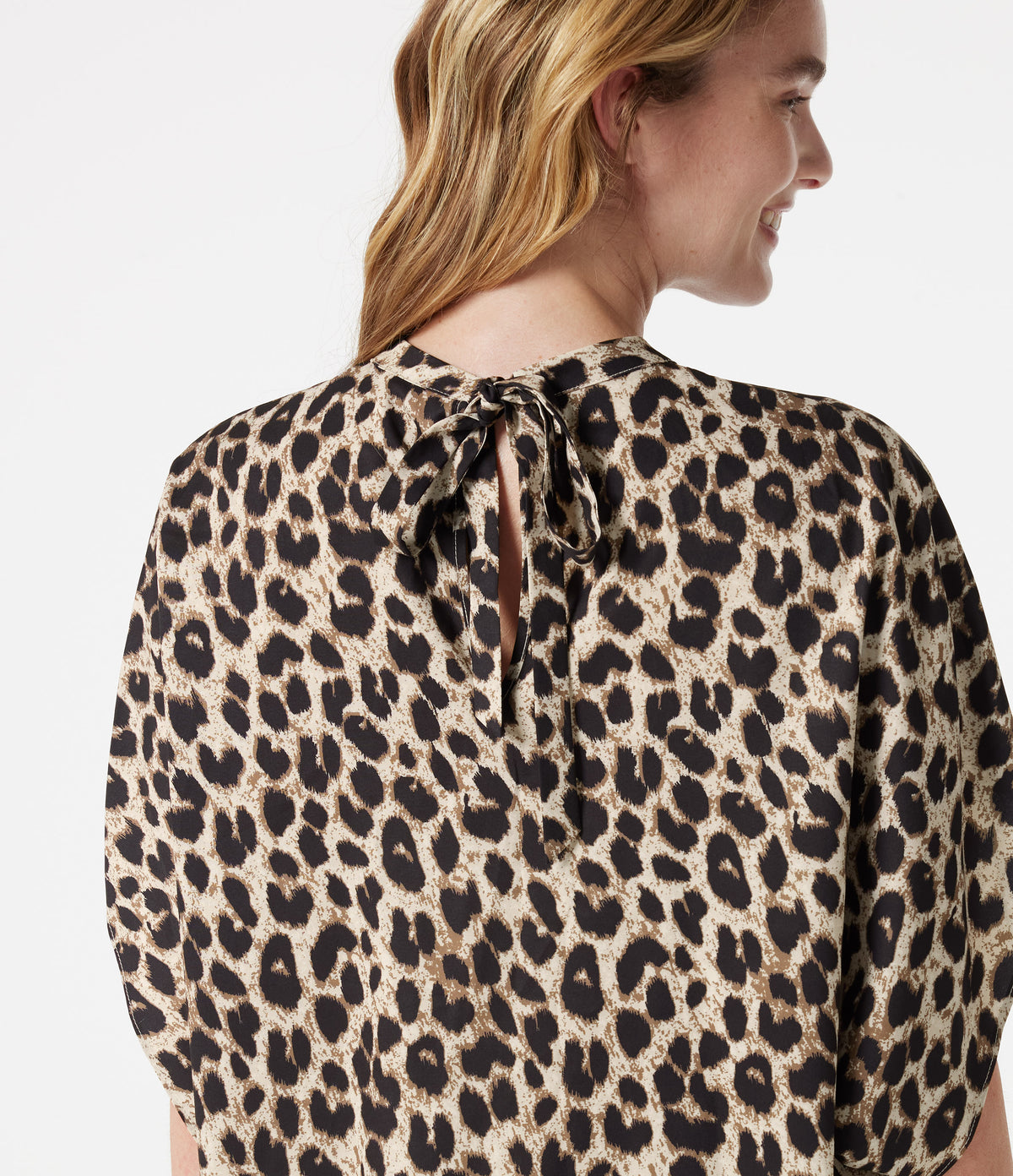 Mock Neck Tie Back Batwing Short Sleeve Ruched Leopard Print Work Blouse — Gold Leopard Print — view 5