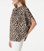 Mock Neck Tie Back Batwing Short Sleeve Ruched Leopard Print Work Blouse — Gold Leopard Print — view 6