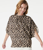 Mock Neck Tie Back Batwing Short Sleeve Ruched Leopard Print Work Blouse — Gold Leopard Print — view 1