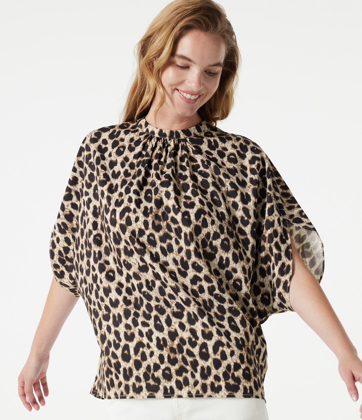 Mock Neck Tie Back Batwing Short Sleeve Ruched Leopard Print Work Blouse — Gold Leopard Print — view 1