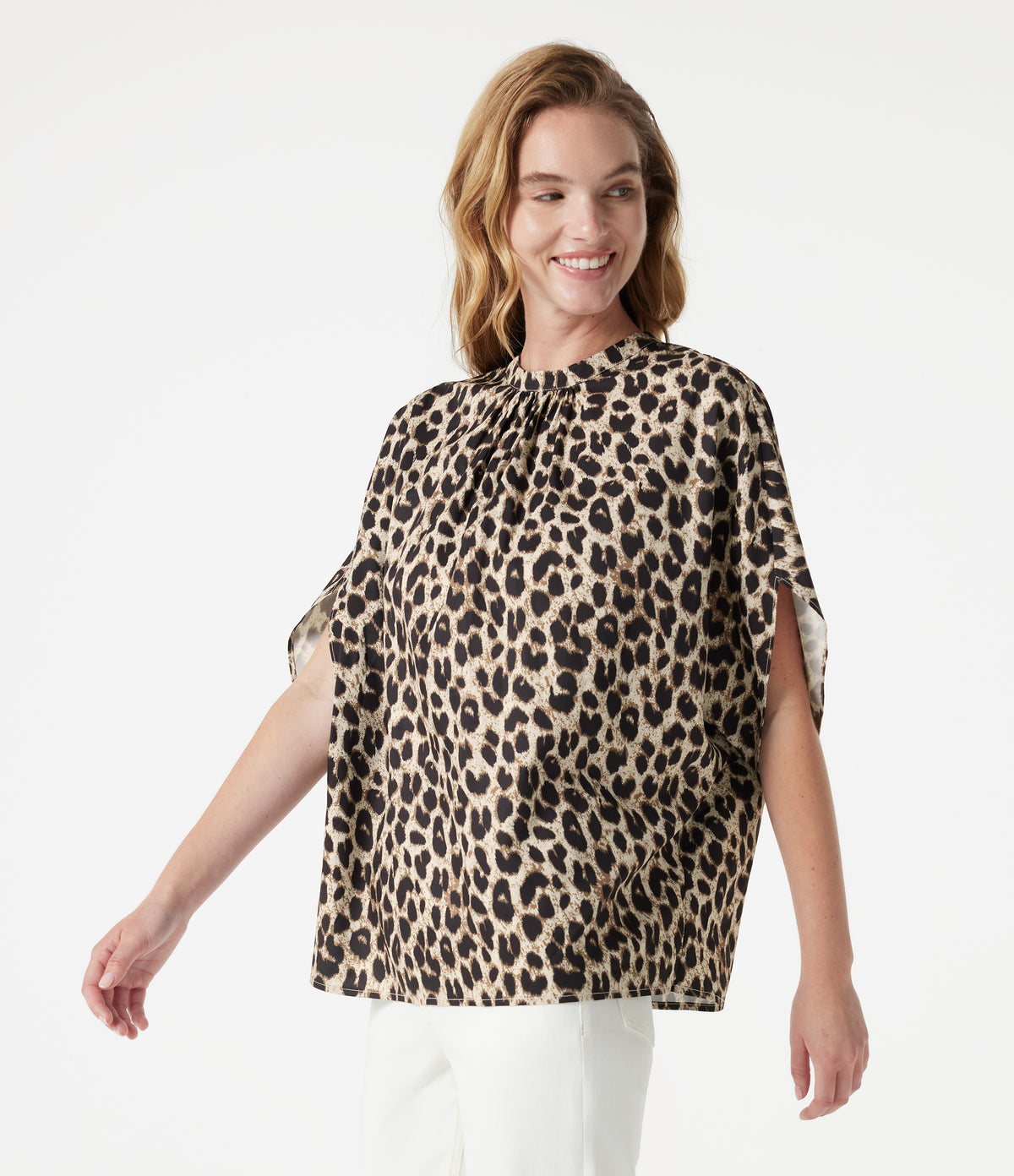 Mock Neck Tie Back Batwing Short Sleeve Ruched Leopard Print Work Blouse — Gold Leopard Print — view 3