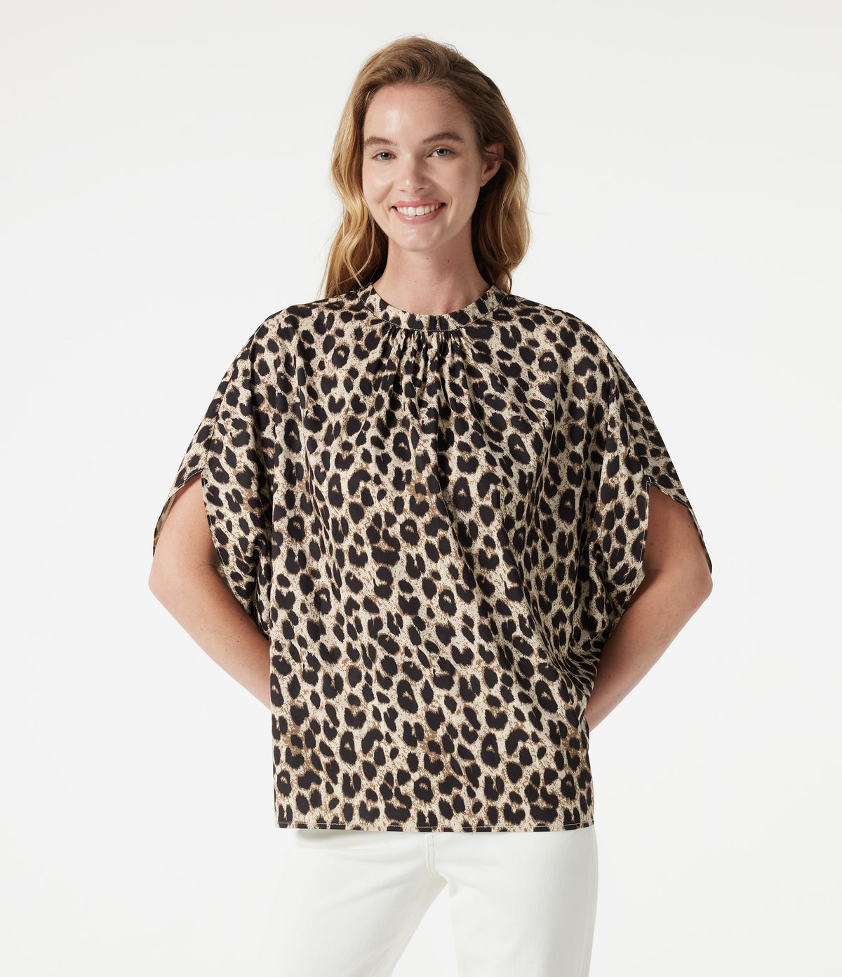 Mock Neck Tie Back Batwing Short Sleeve Ruched Leopard Print Work Blouse — Gold Leopard Print — view 4