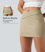High Waisted Crossover 2-in-1 A-Line Stretchy Poplin Mini Casual Skirt — Fields of Rye — view 1