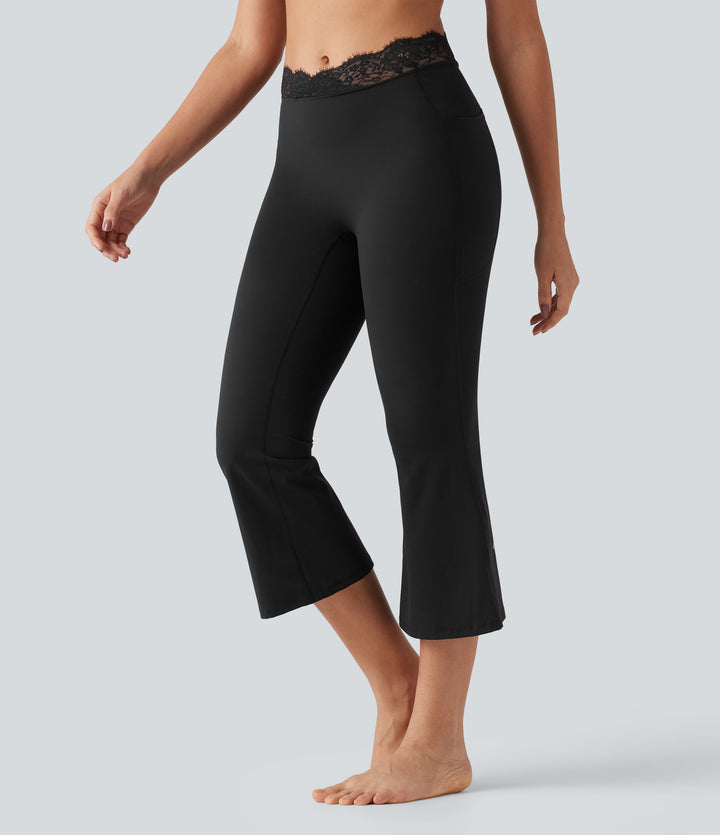 V-Shaped High Waisted Contrast Lace Cropped Yoga Flare Leggings with Pockets — Black — view 1