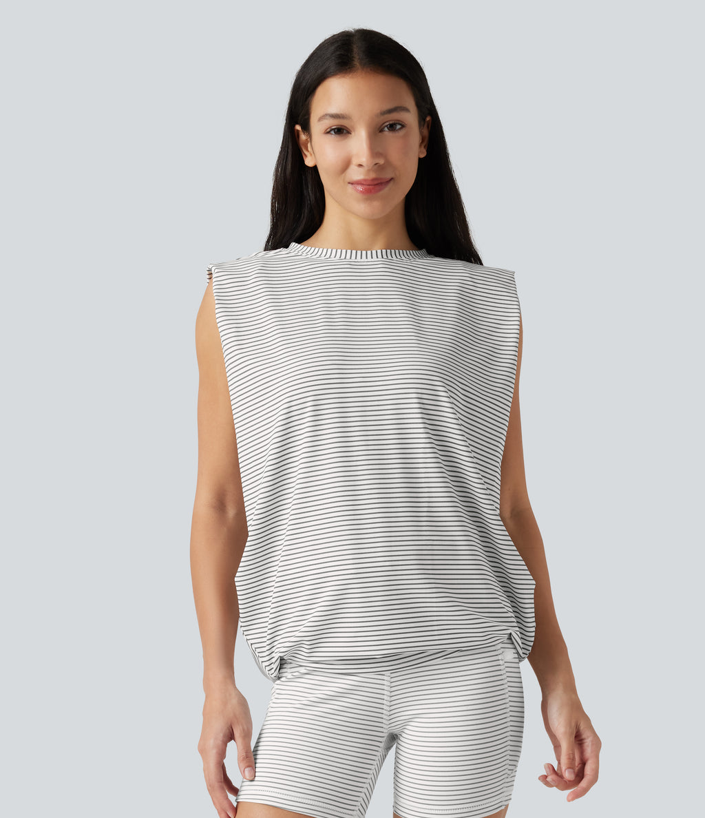 Round Neck Stripe Workout Tank Top — Inkline Micro Stripe — view 3