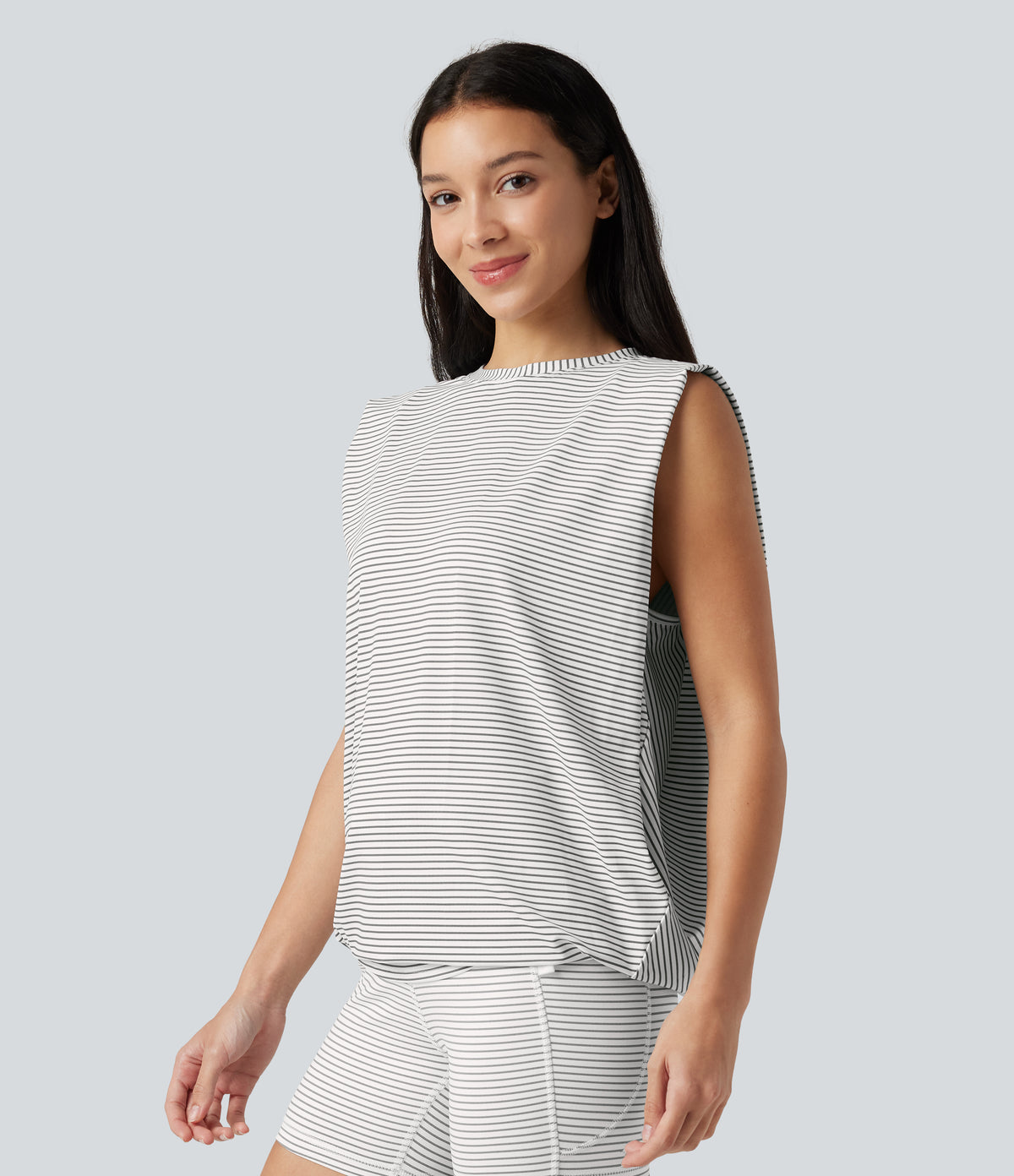 Round Neck Stripe Workout Tank Top — Inkline Micro Stripe — view 4