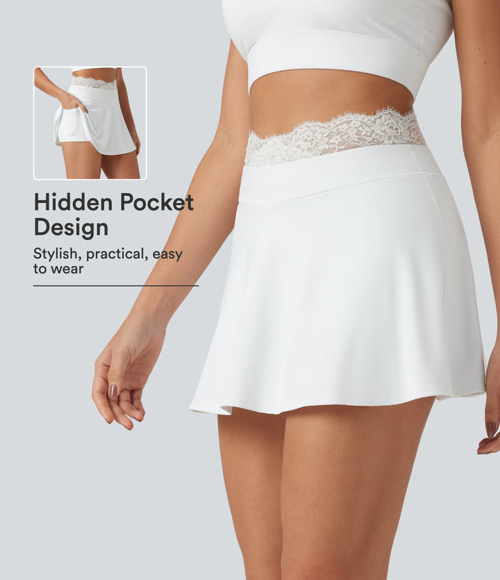 Airy High Waisted Contrast Lace 2-in-1 InstantCool Mini Tennis Skirt with Pockets — White — view 1