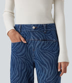 Mid Rise Casual Straight Leg Jeans with Pockets — Zebra Stripe - Medium Dark Blue — view 5