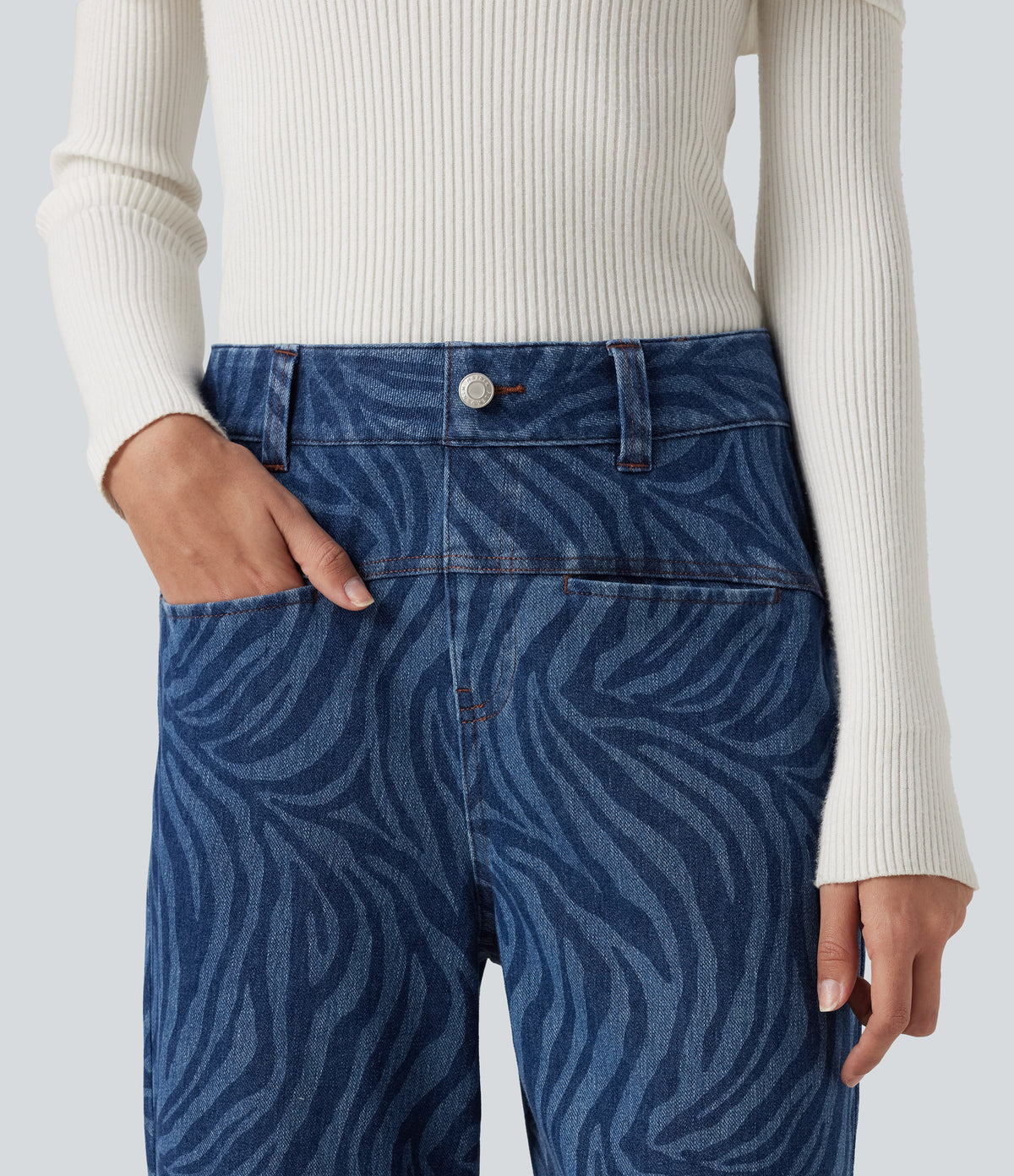Mid Rise Casual Straight Leg Jeans with Pockets — Zebra Stripe - Medium Dark Blue — view 5
