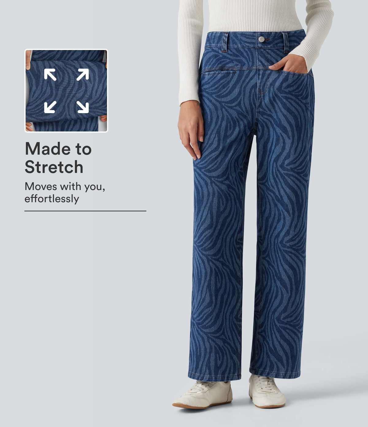 Mid Rise Casual Straight Leg Jeans with Pockets — Zebra Stripe - Medium Dark Blue — view 1