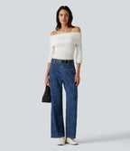 Mid Rise Casual Straight Leg Jeans with Pockets — Zebra Stripe - Medium Dark Blue — view 7
