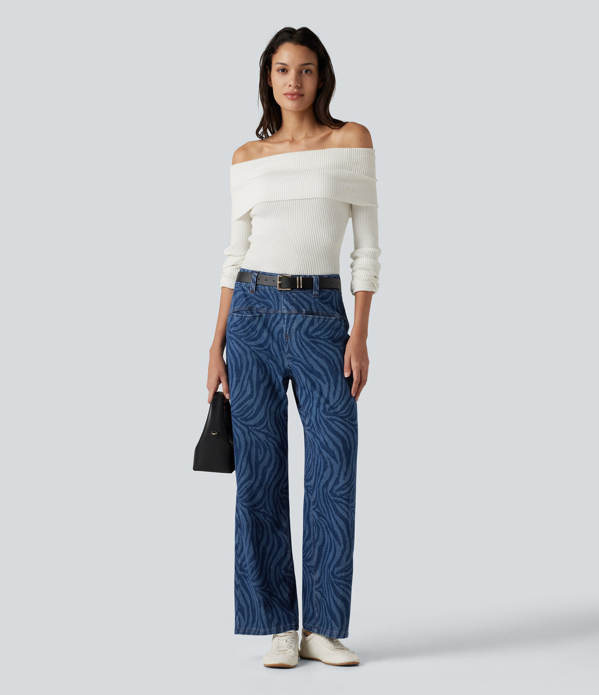 Mid Rise Casual Straight Leg Jeans with Pockets — Zebra Stripe - Medium Dark Blue — view 7