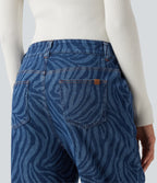 Mid Rise Casual Straight Leg Jeans with Pockets — Zebra Stripe - Medium Dark Blue — view 6