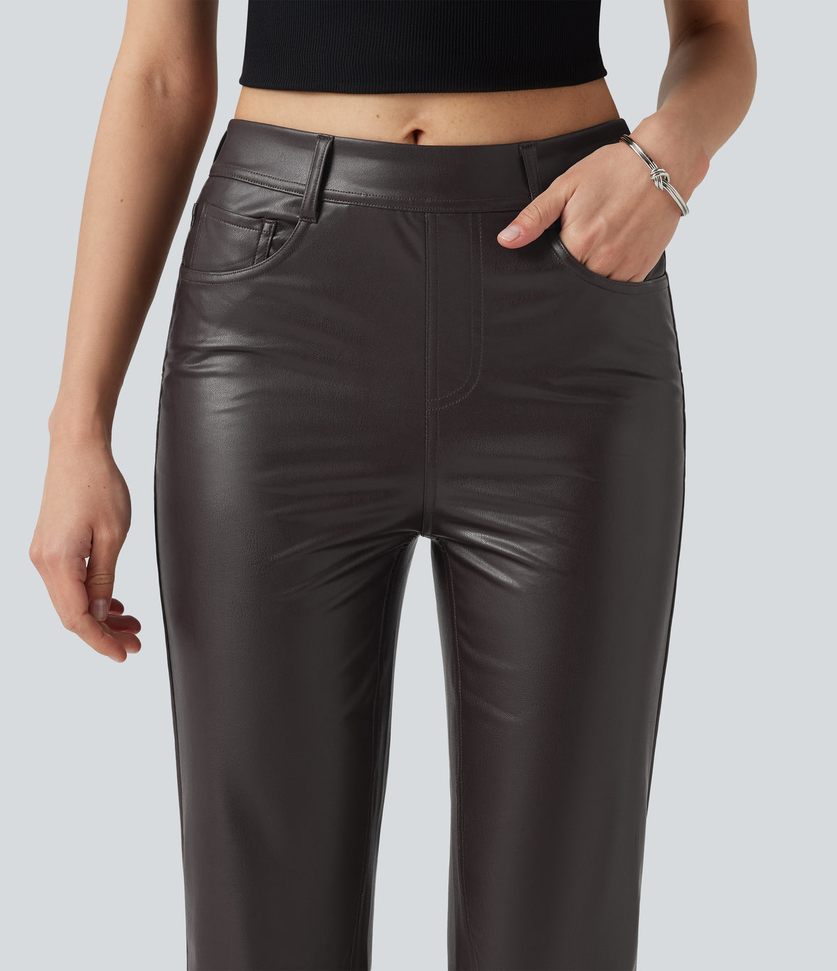 Mid Rise Stretchy PU Bootcut Casual Trousers with Pockets — Smoky Dusk Brown — view 5