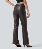 Mid Rise Stretchy PU Bootcut Casual Trousers with Pockets — Smoky Dusk Brown — view 1
