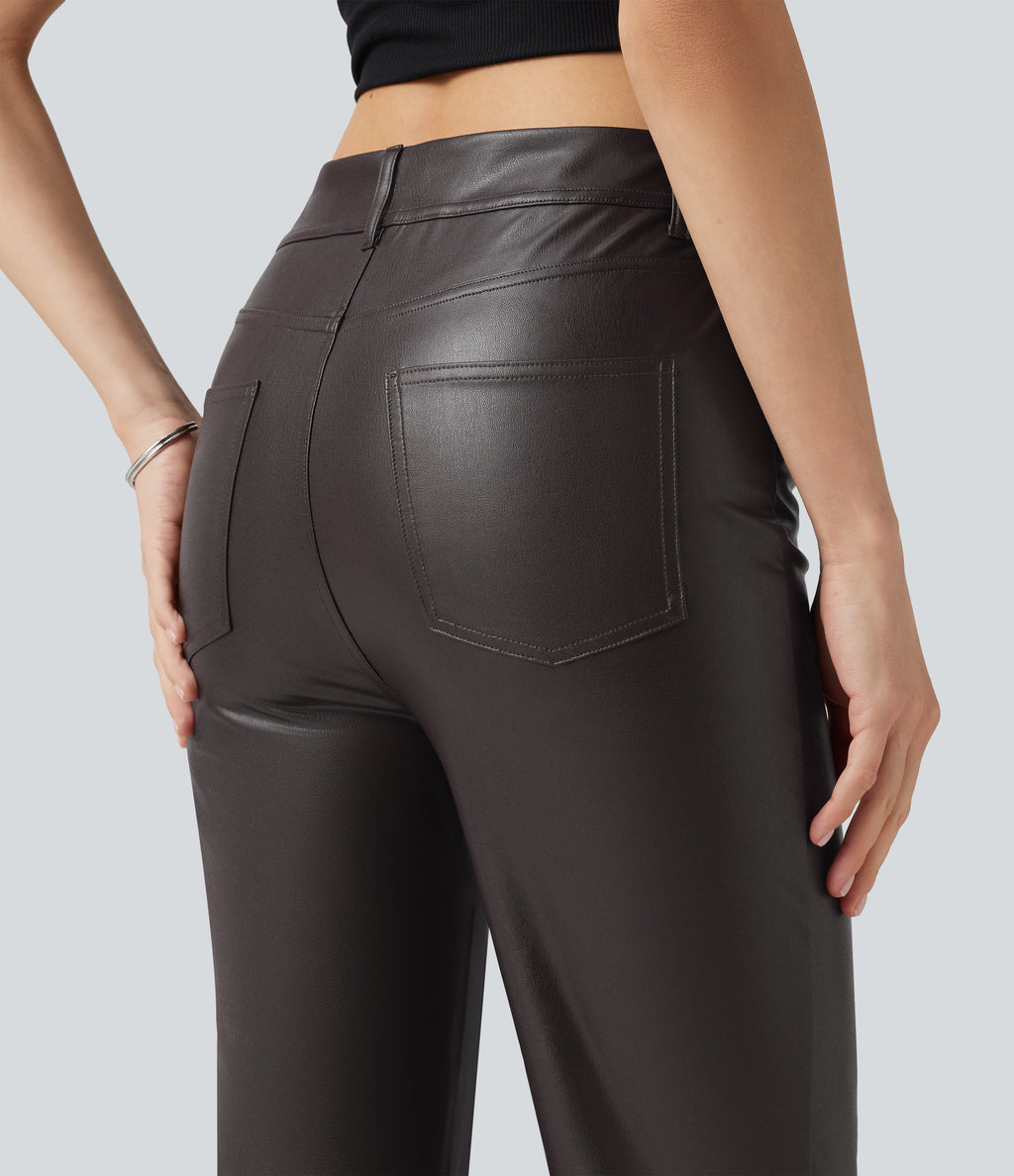 Mid Rise Stretchy PU Bootcut Casual Trousers with Pockets — Smoky Dusk Brown — view 4